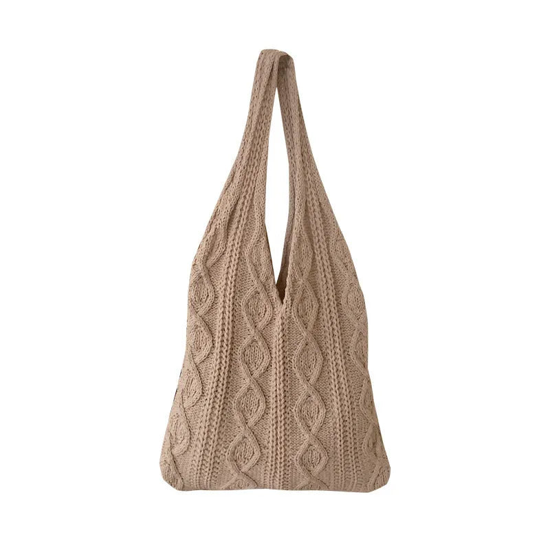 GWomens retro hollow knitted shoulder tote bag in woolen yarn with double straps and large 55cm capacity