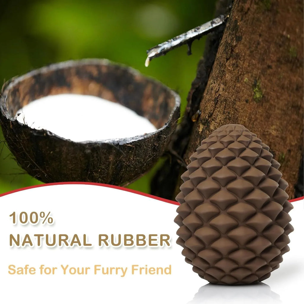 Yellow pine cone shaped natural rubber dog chew toy with treat dispenser for large breeds