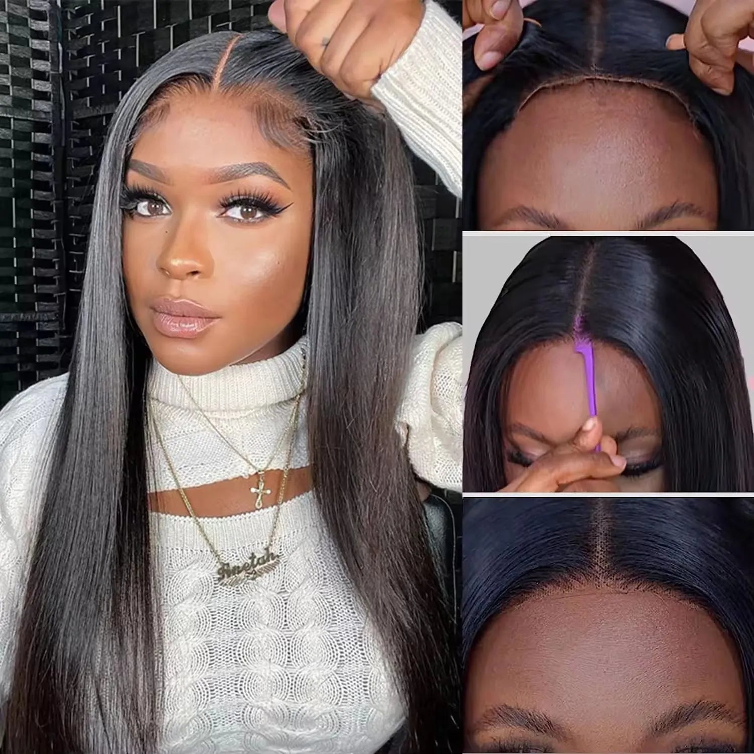 Glueless human hair straight wig with side bangs shown in natural styling