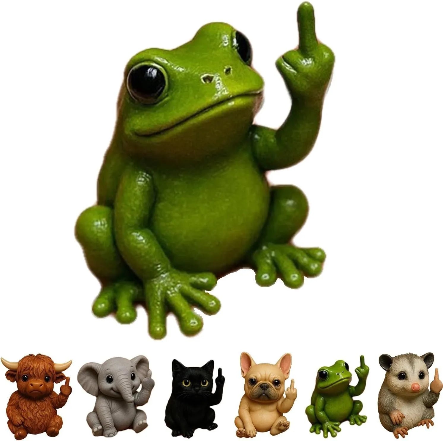 Mini resin animal doll making a middle finger gesture, available in cat, dog, elephant, frog, Highland cattle, mouse, and turtle styles.