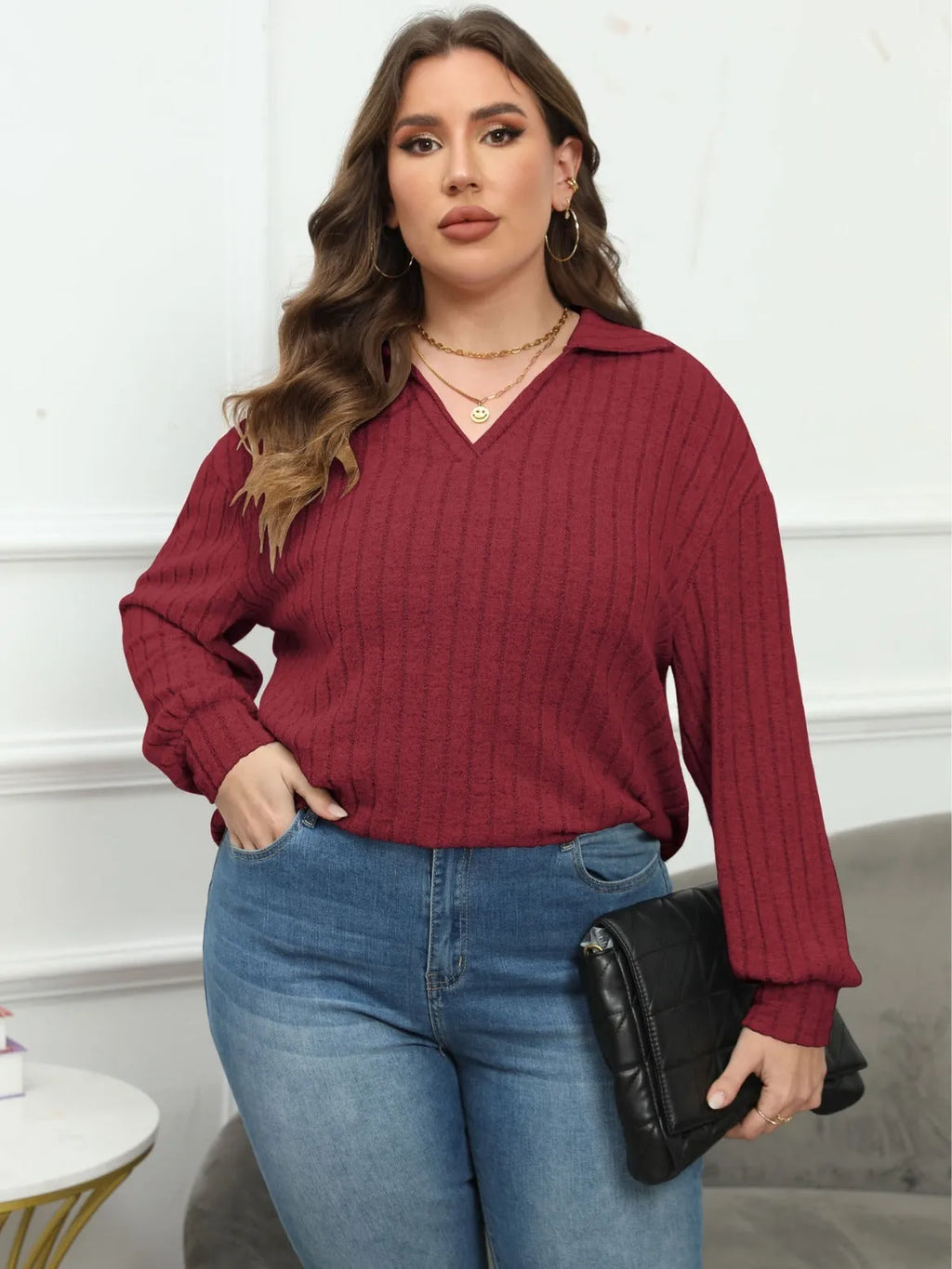 Women's plus size grey polo collar blouse with lantern sleeves, made from polar fleece fabric.