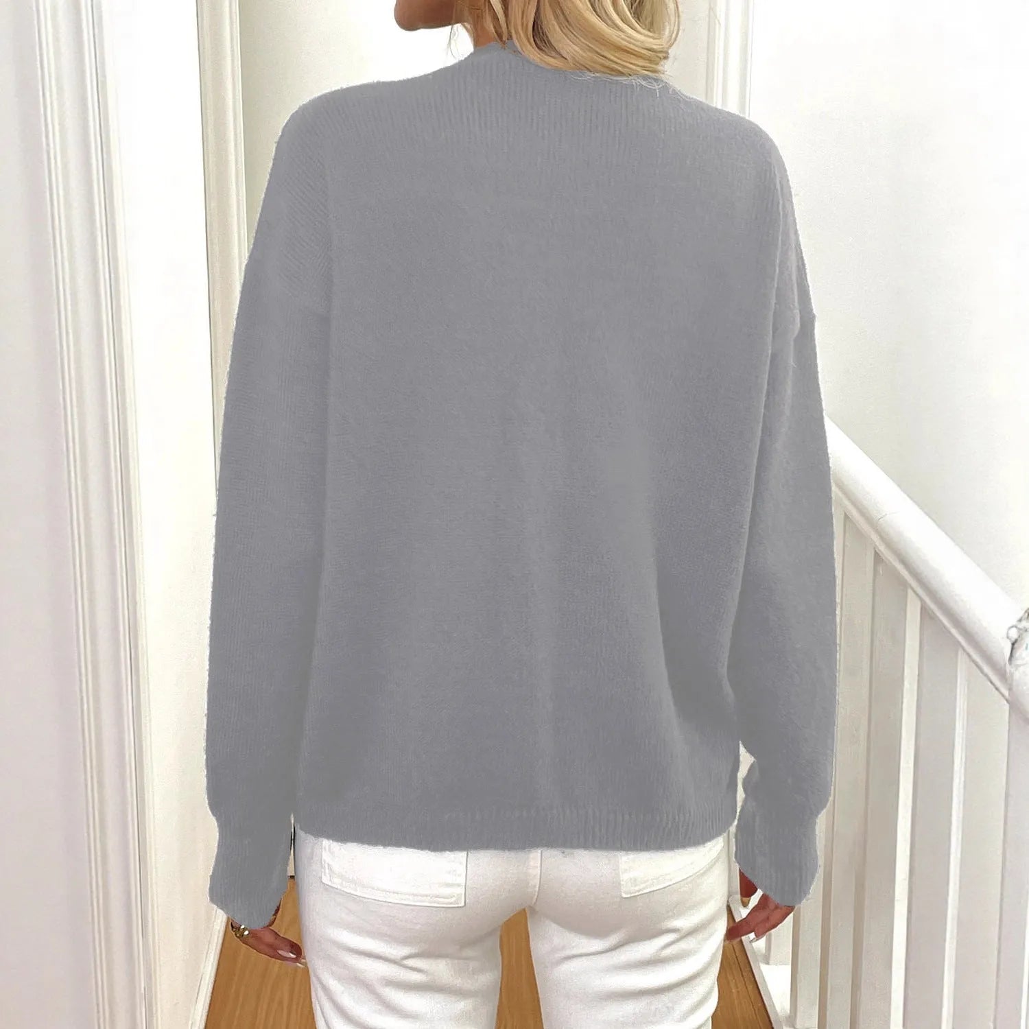 Women's deer plush sweater coat with princess sleeves in black or grey colours