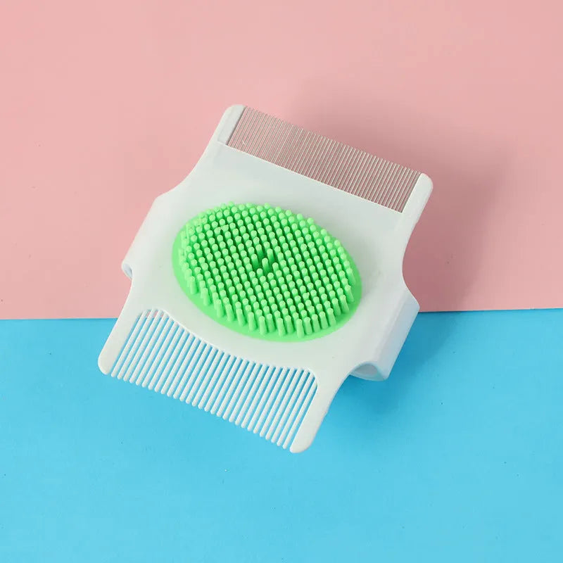 Blue or green multifunctional pet grooming comb with floating hair removal system measuring 8.5cm long