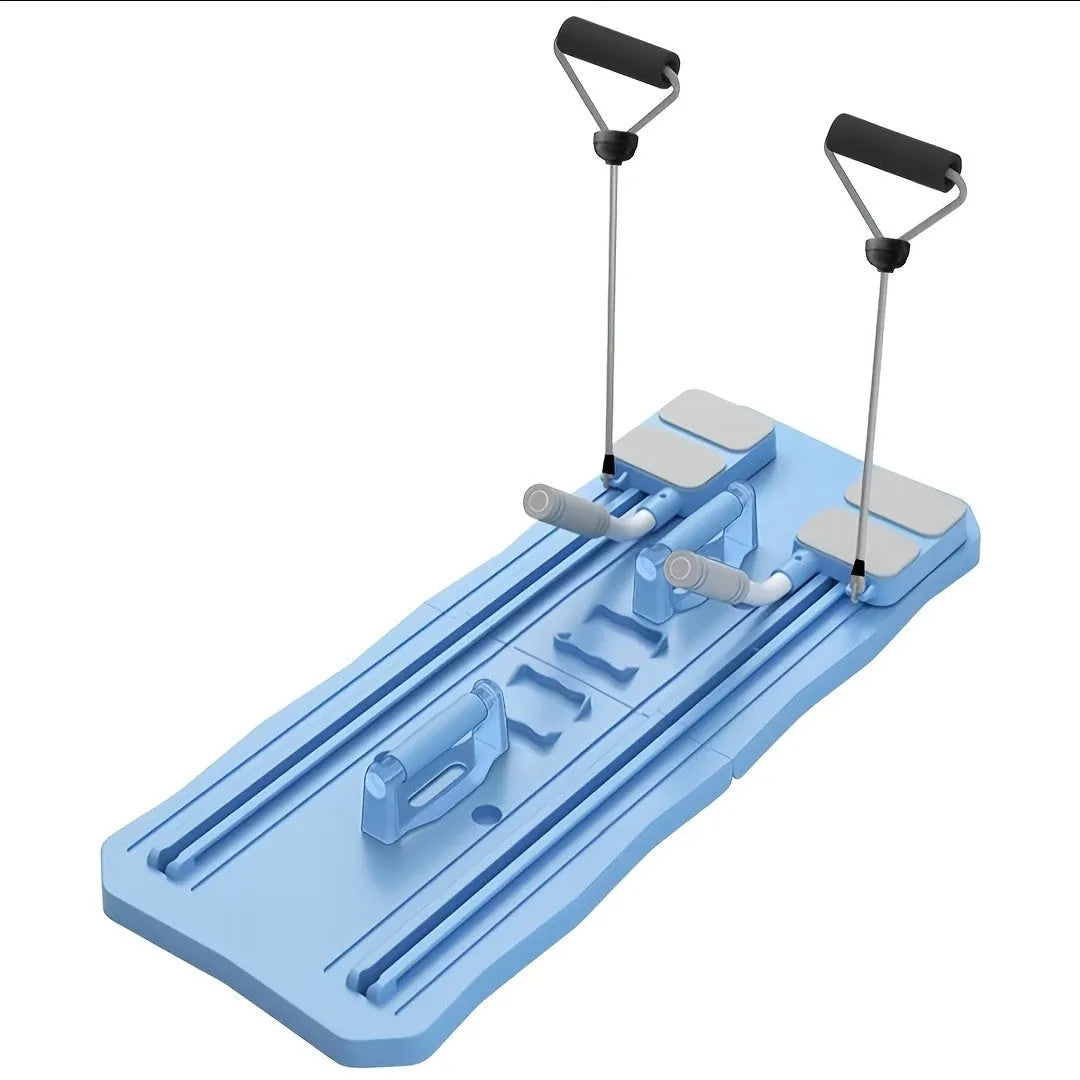 Blue portable supine exercise board with wheels for abs workouts at home