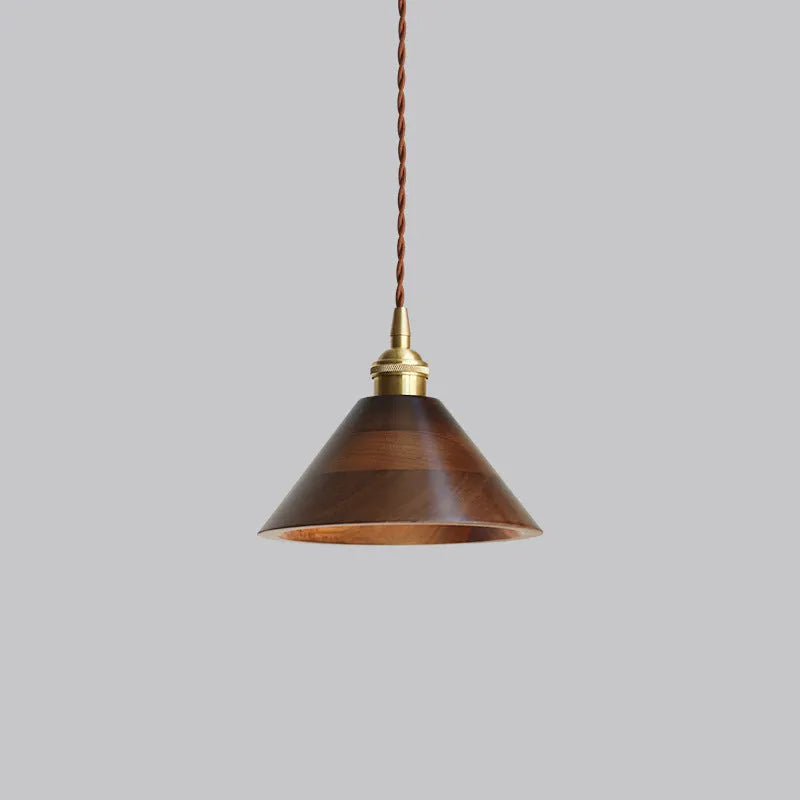 Black walnut finish single-head droplight chandelier with copper and wood art construction.