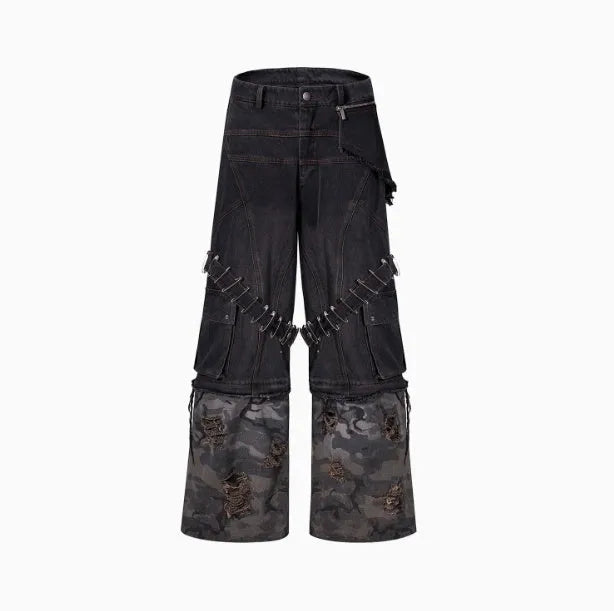 Men's grey and camouflage colour-block jeans with a structured pin and ribbon detail.