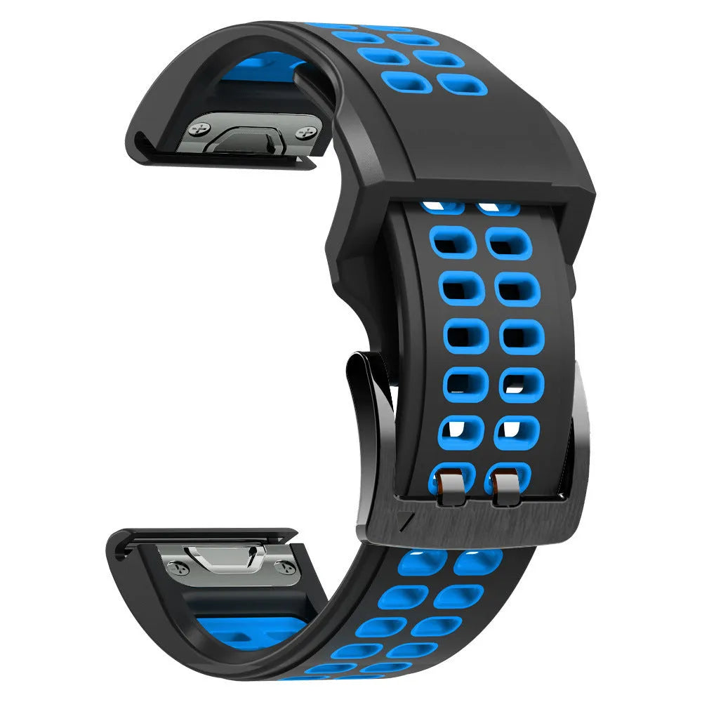 Quick release double-row hole silicone sports watch strap in a two-tone colour on a watch.