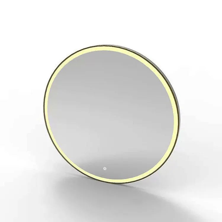 Square black frame LED bathroom makeup mirror mounted on wall with touch control for adjustable lighting