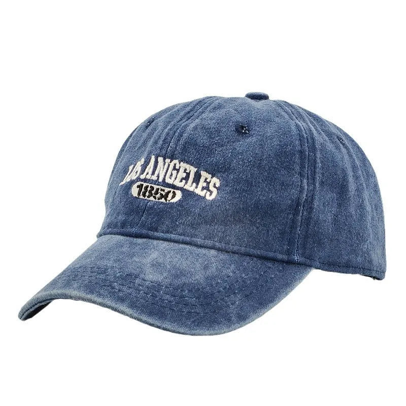 Retro personalised embroidered peaked cap in acrylic fabric with adjustable fit and distressed lettering