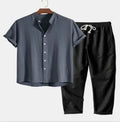 Men's green and blue floral printed polyester cardigan suit with matching trousers
