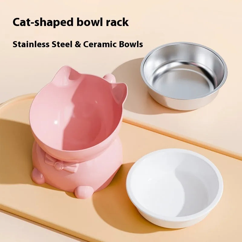 Stainless steel tilted anti-fall cat bowl in black, blue, pink, and yellow colour options.