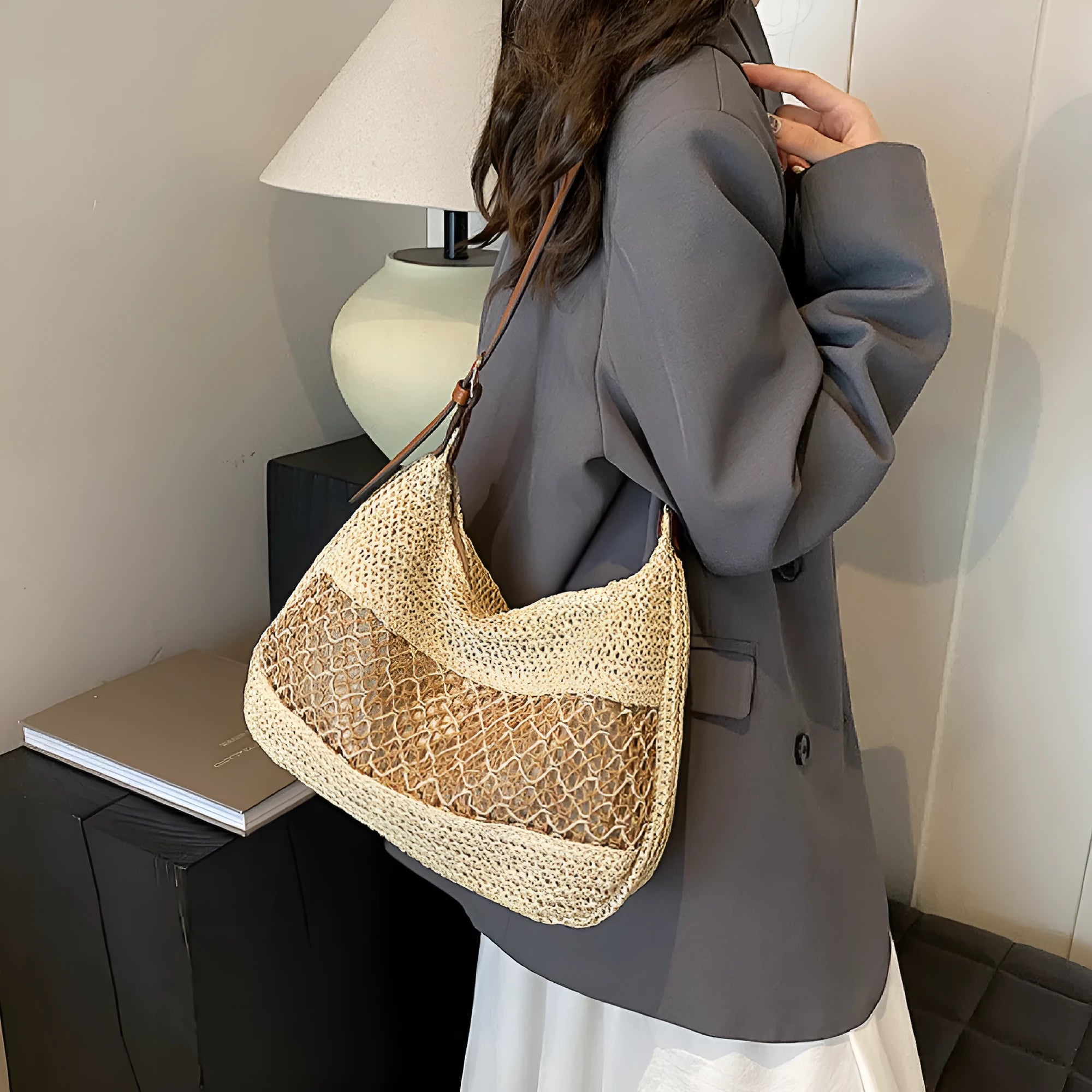 Women's khaki straw cross body bag with horizontal square shape and shoulder strap