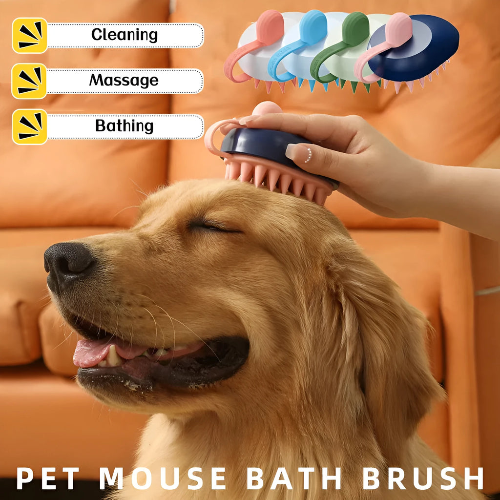 Pet grooming brush with soft silicone bristles and ABS handle for dog bath hair removal and massage