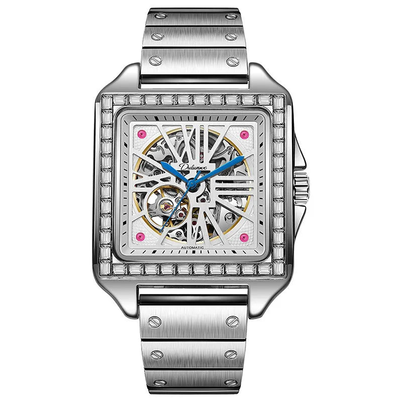 Men's square automatic watch with diamond detailing on stainless steel or leather strap