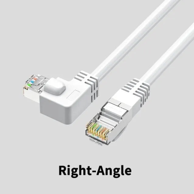 Right-angle Cat6 Ethernet cable with RJ45 connector in various colour options
