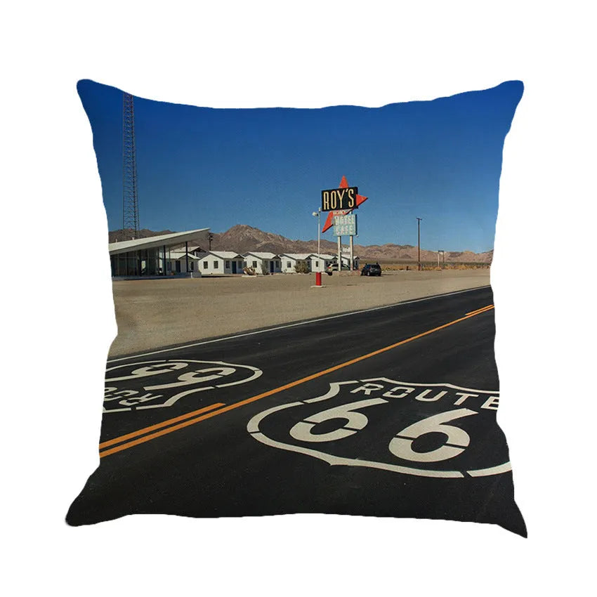 Linen cushion cover with US Route 66 landscape pattern measuring 45x45cm for car and sofa back pillows