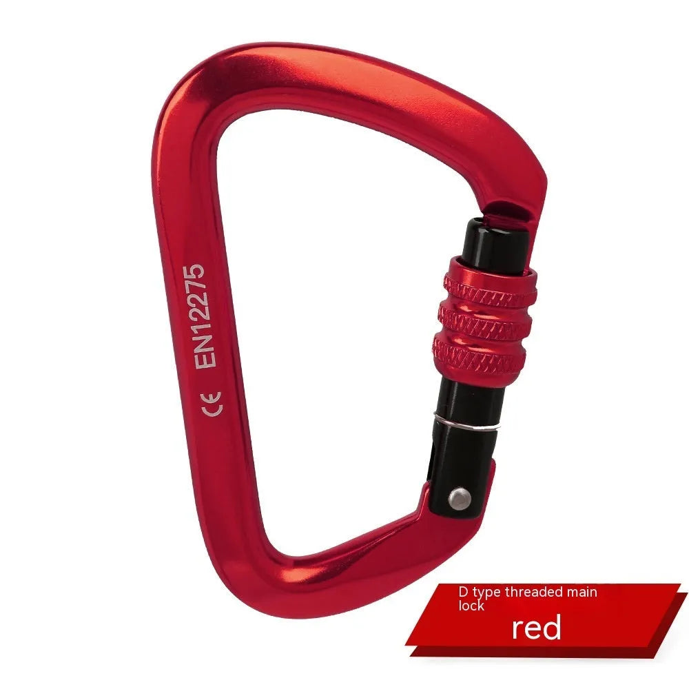 D-shaped climbing carabiner main lock in colours: black, blue, orange, red, silver red with automatic or threaded gate.