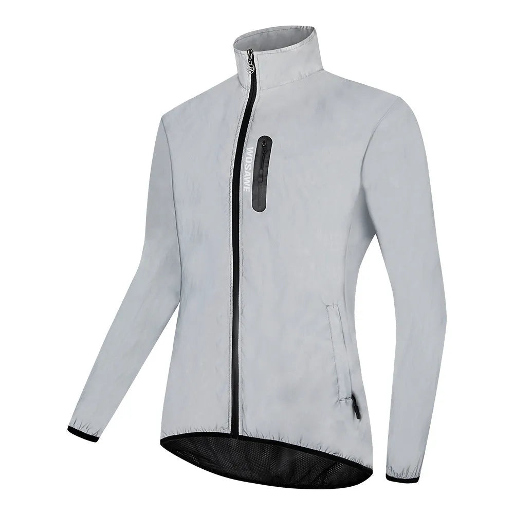 Men's silver waterproof polyester jacket with long sleeves, windproof outdoor coat