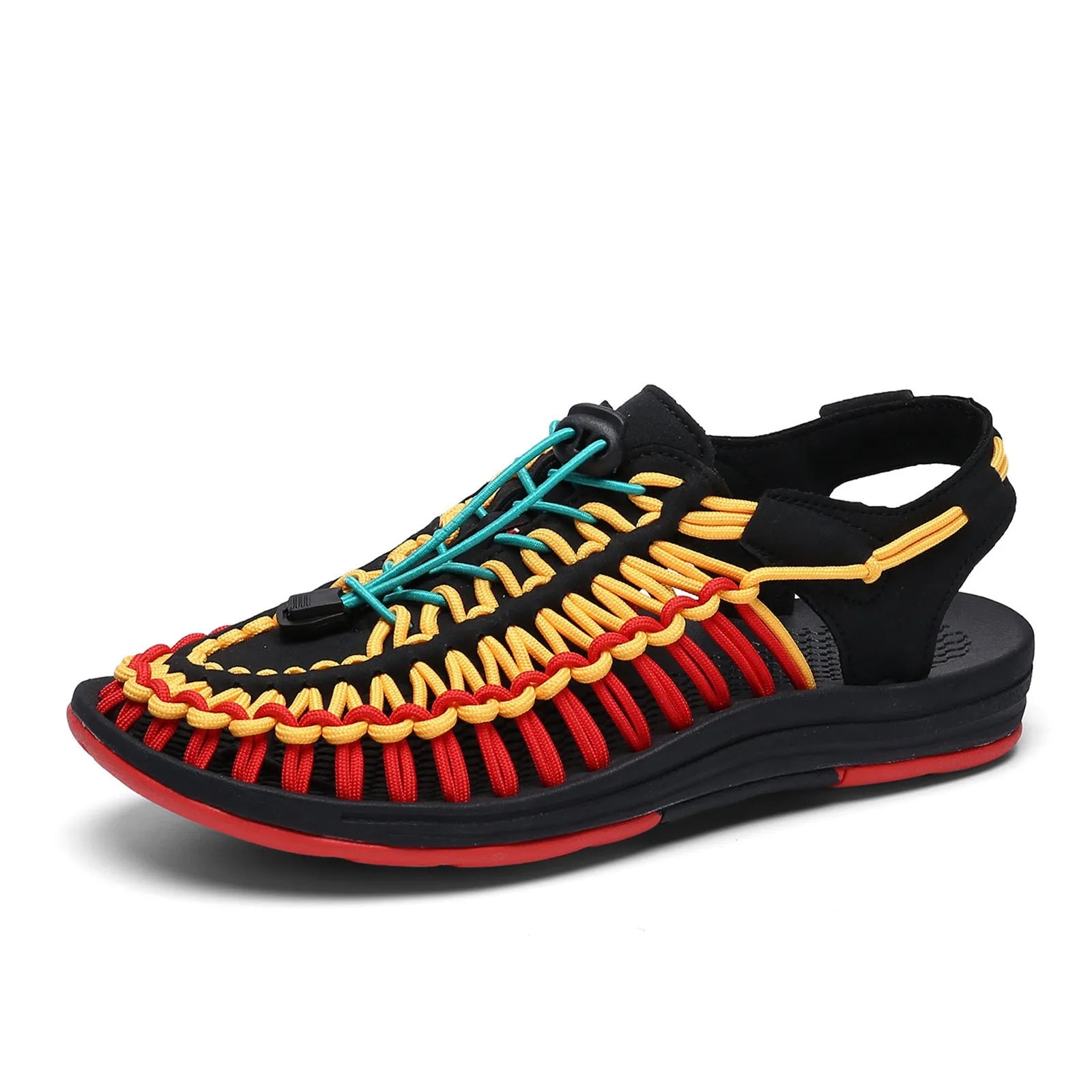 Woven drawstring tie Roman sandals in rainbow colour with elastic closure and rubber sole