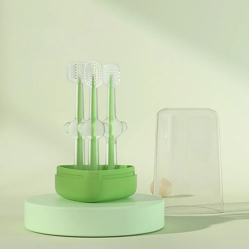 Soft silicone pet toothbrush for dogs and cats in purple, shown with flexible gel bristles for teeth cleaning.