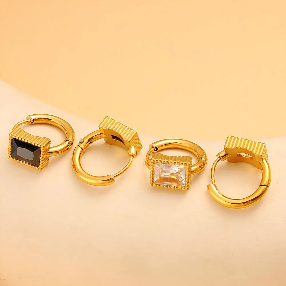 Geometric square stainless steel earrings with zircon detailing in electroplated white, black and green colours