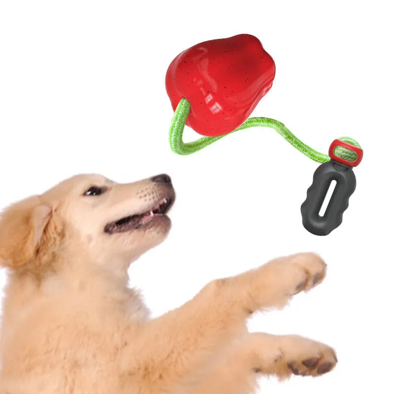 Green plastic apple-shaped dog toy with dropping ball for molar exercise