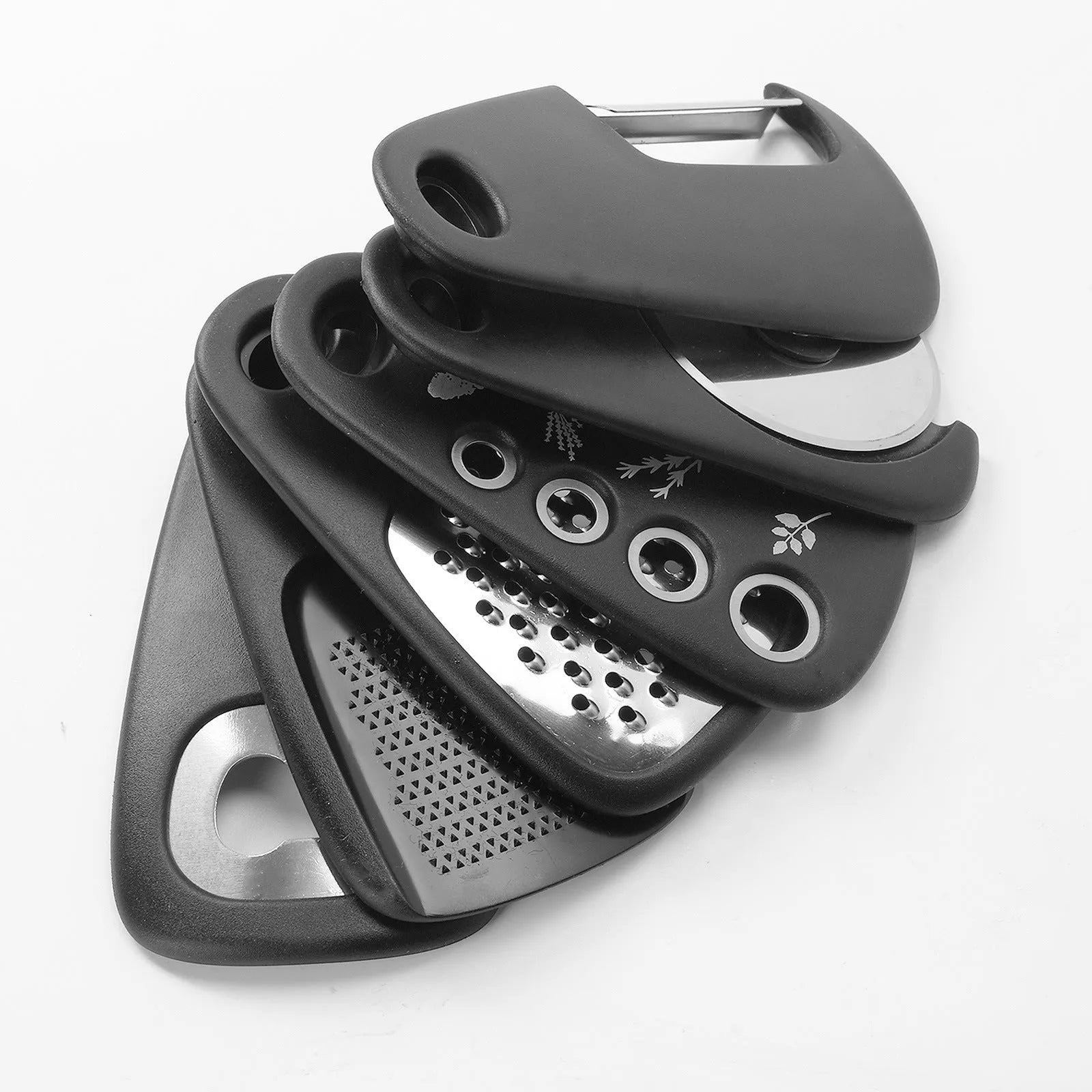 Six stackable kitchen gadgets with utility brush in modern design, made from PP plastic and stainless steel