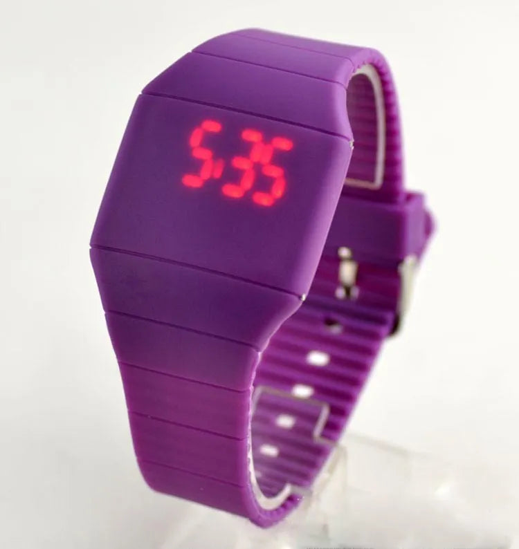 Square electronic watch with touch screen, plastic case, PU strap, and stainless steel buckle in multiple colour options