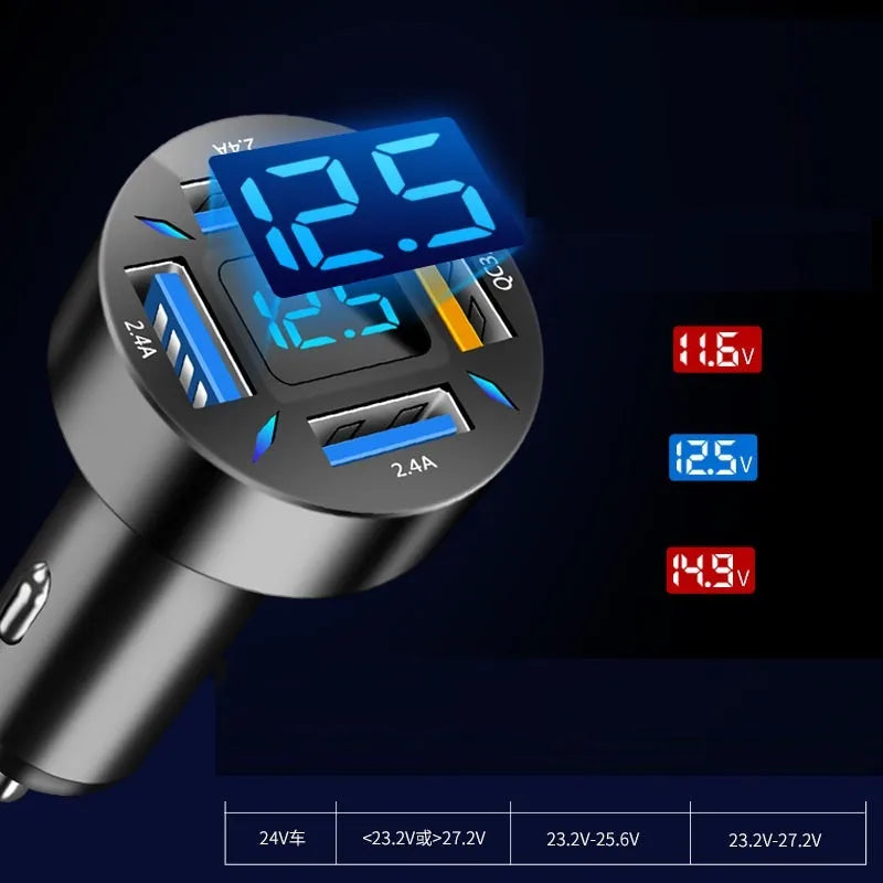 Four-port USB car charger with digital display for vehicle use