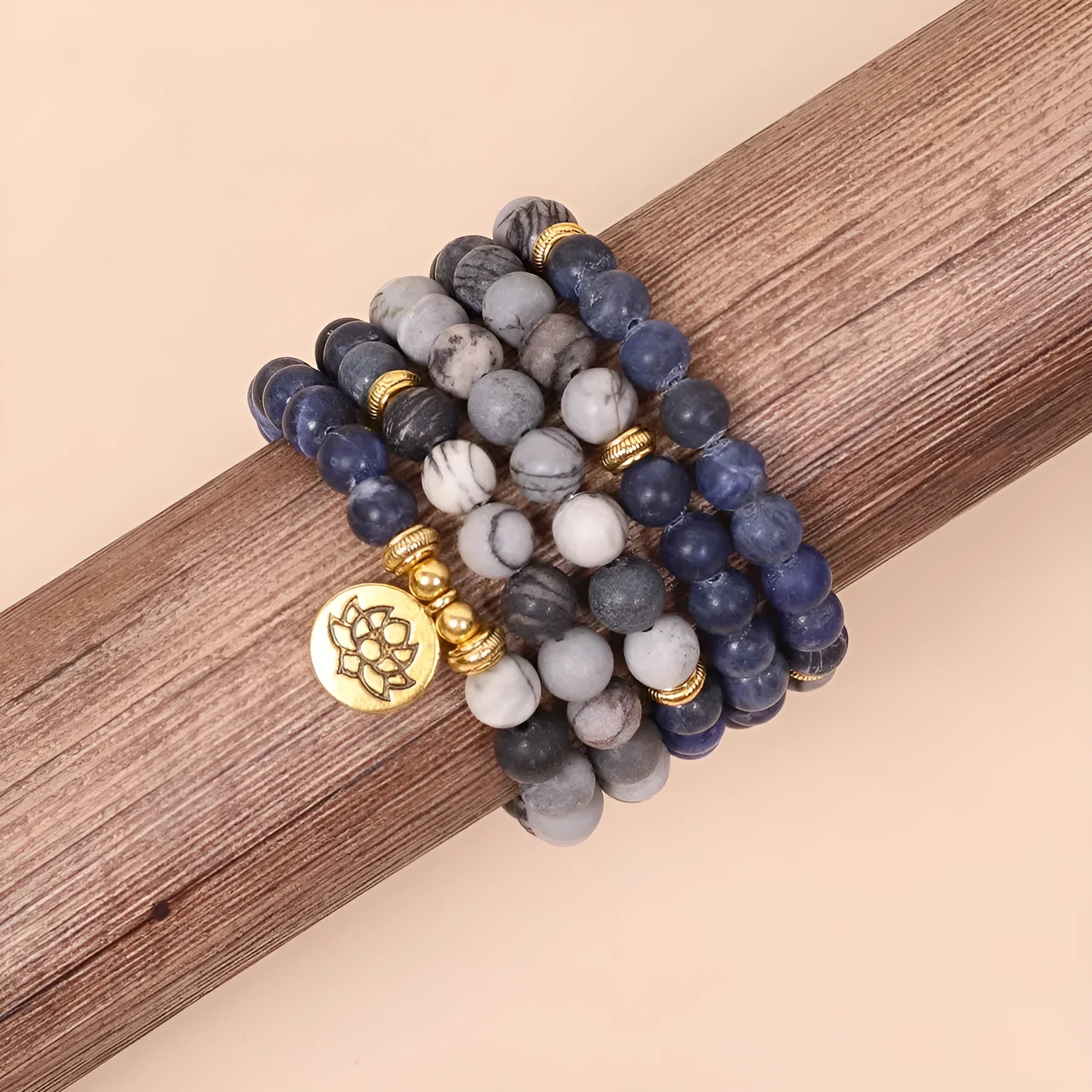 Blue patterned network stone bead multi-layer bracelet with natural alloy construction