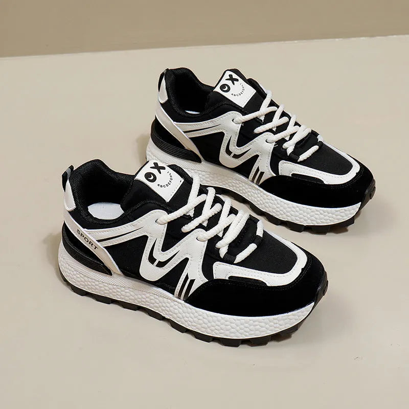 Women's lace-up casual sports shoes in artificial PU with cotton lining, round toe and flat heel design