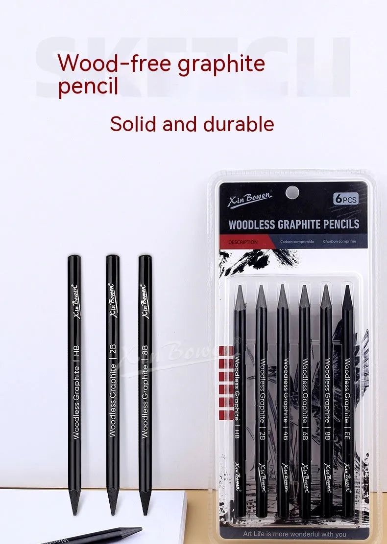 Set of six graphite sketching pencils for art, showing wood-free full lead construction.