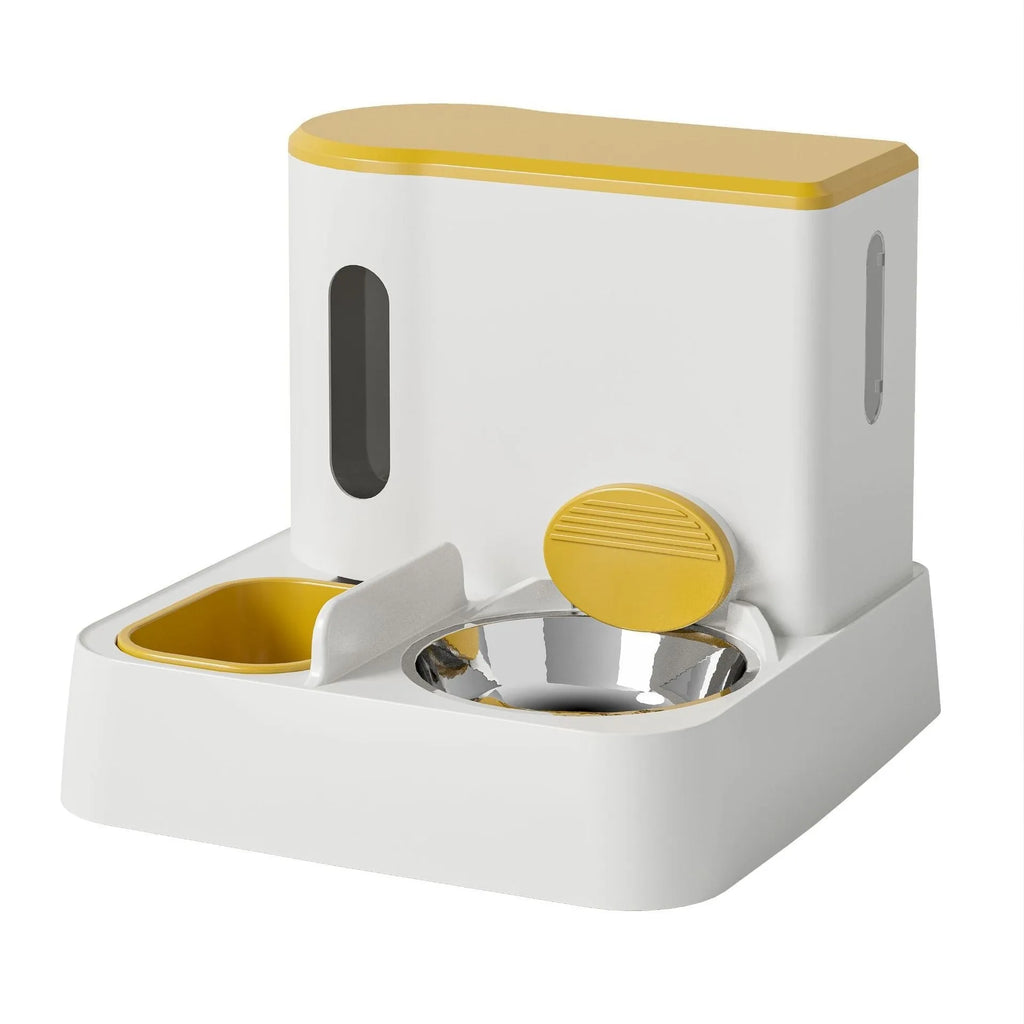 Automatic cat feeder with integrated water dispenser showing grey, green, and yellow colour options