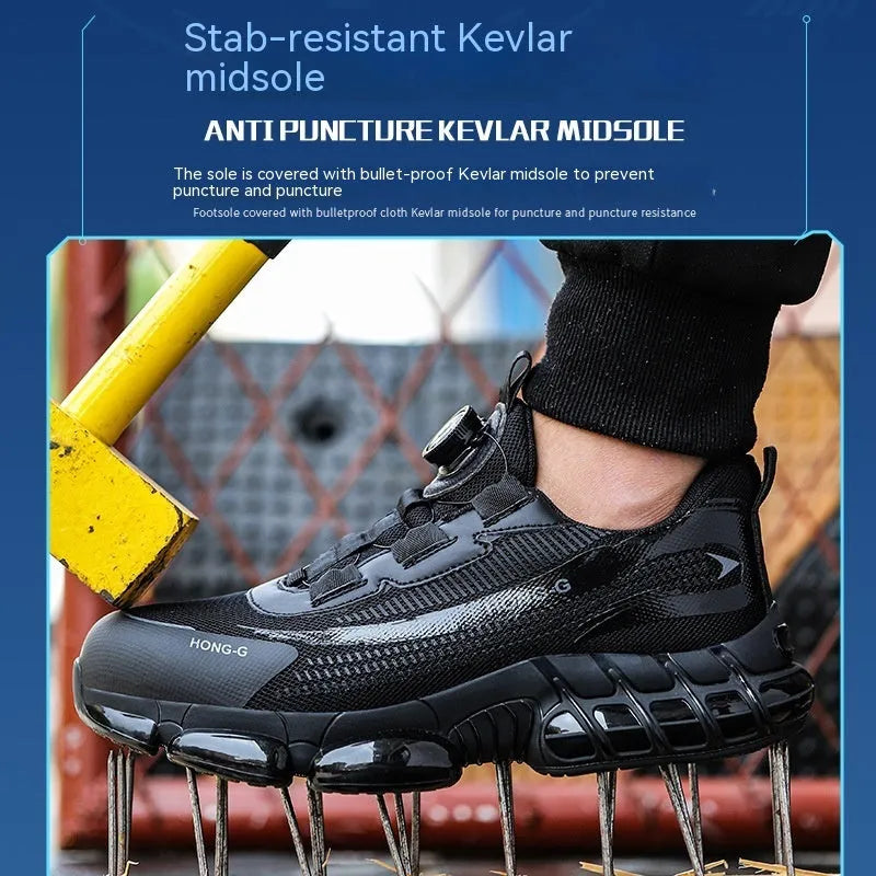 Lightweight black Flyknit work shoes with a steel toe cap and front lacing on a grey background.