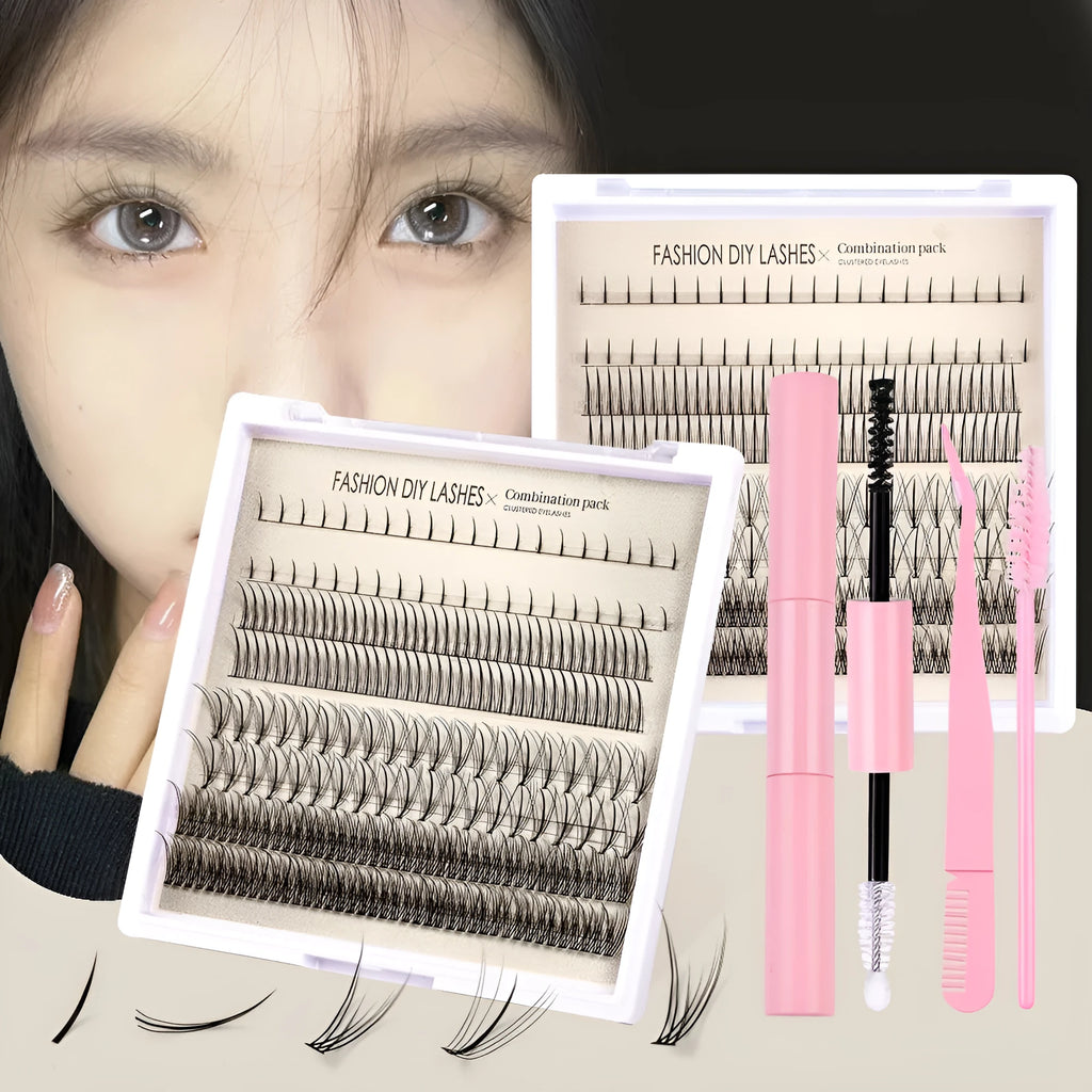 Single-cluster false eyelash kit with artificial fibre lashes, pink glue, and tweezers brush on white background