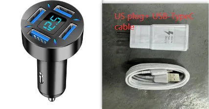Four-port USB car charger with digital display for vehicle use