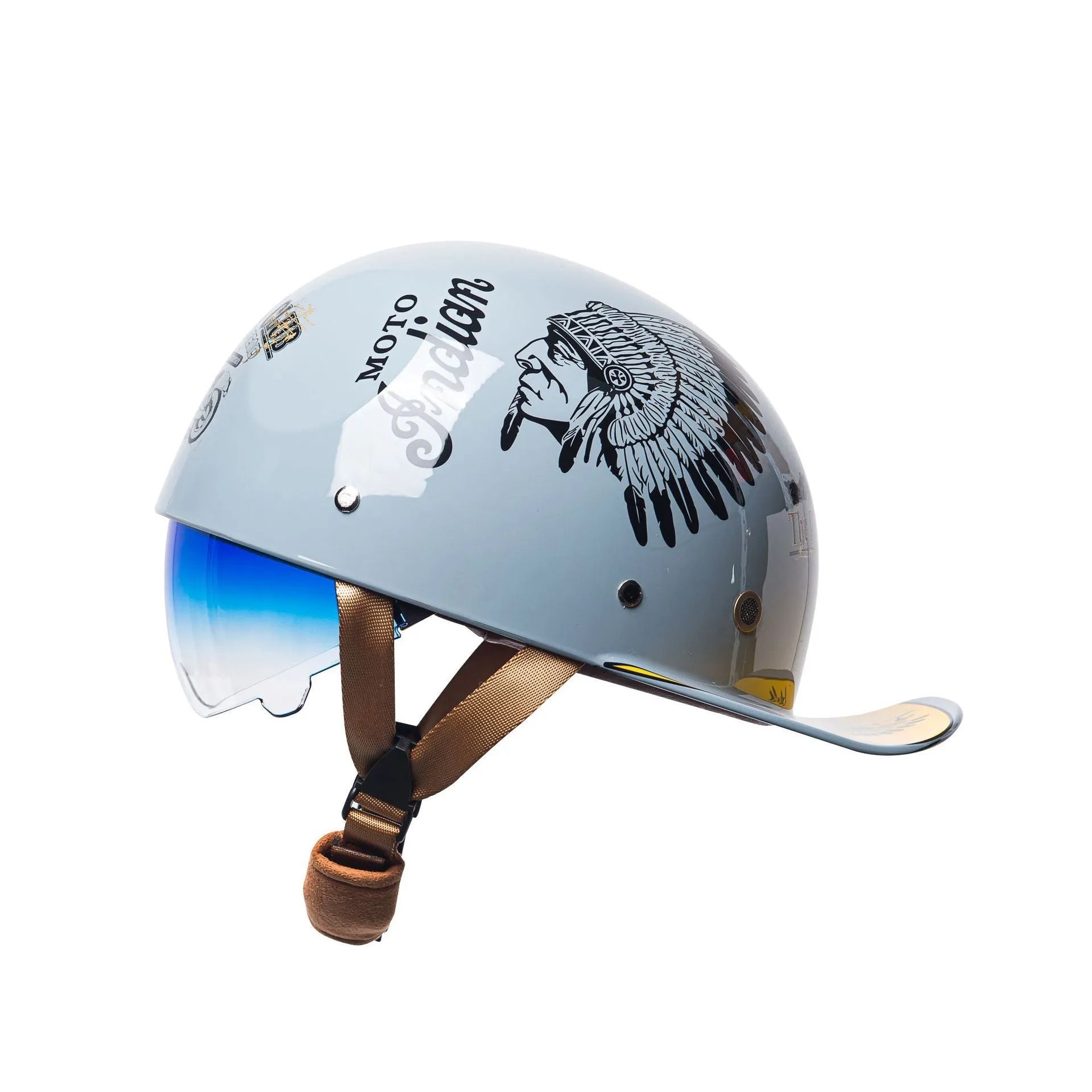 Men's retro half helmet for electric bicycles in bright black gradient blue lens colour