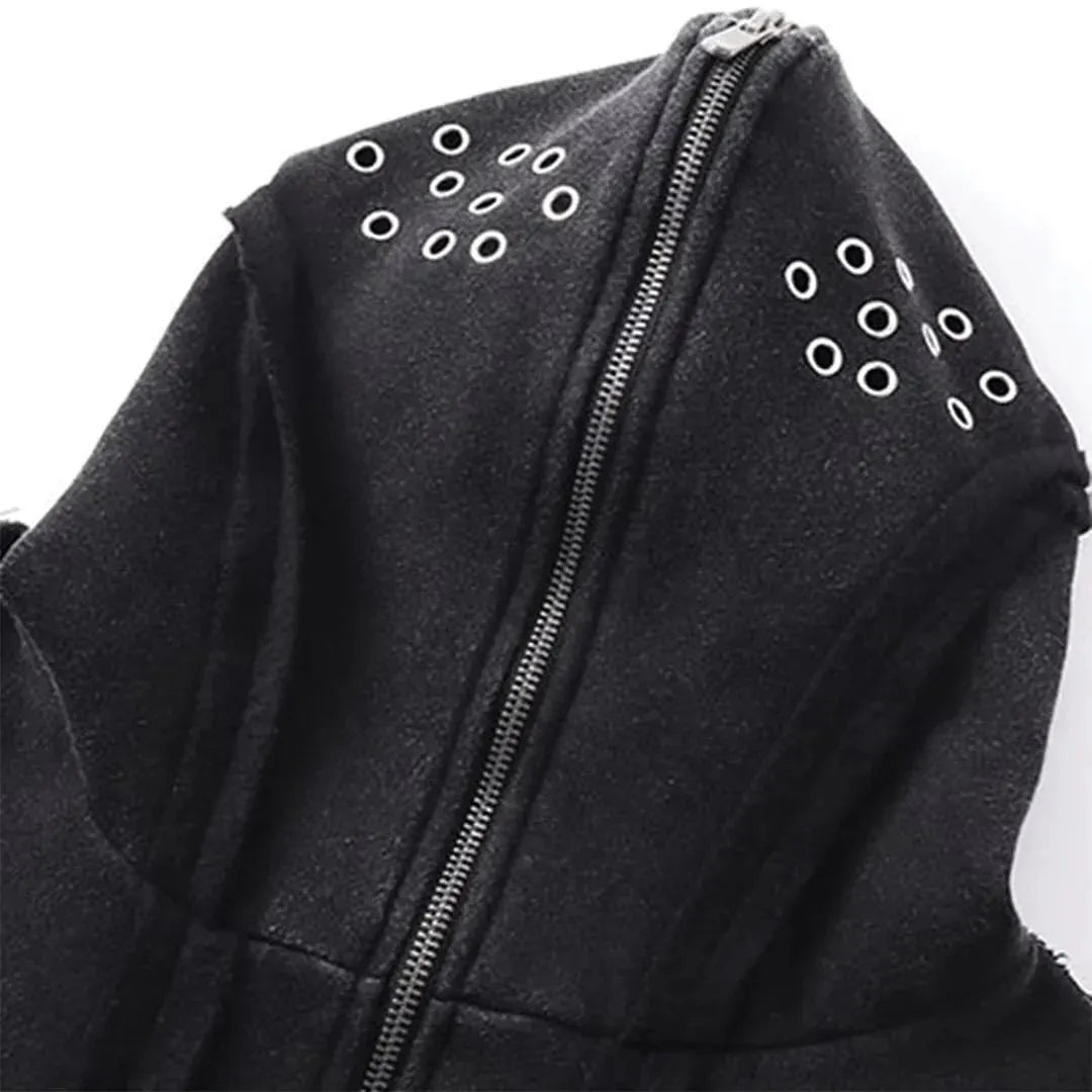 Black loose zip hooded coat with abstract pattern and padded cotton construction