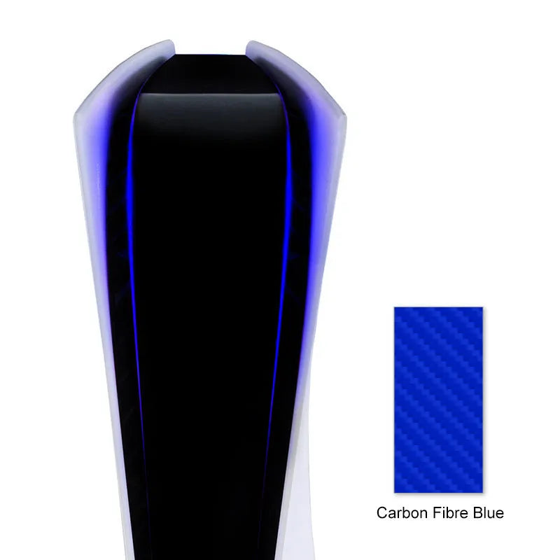 PS5 console with a blue carbon fibre film applied to the central LED light bar.