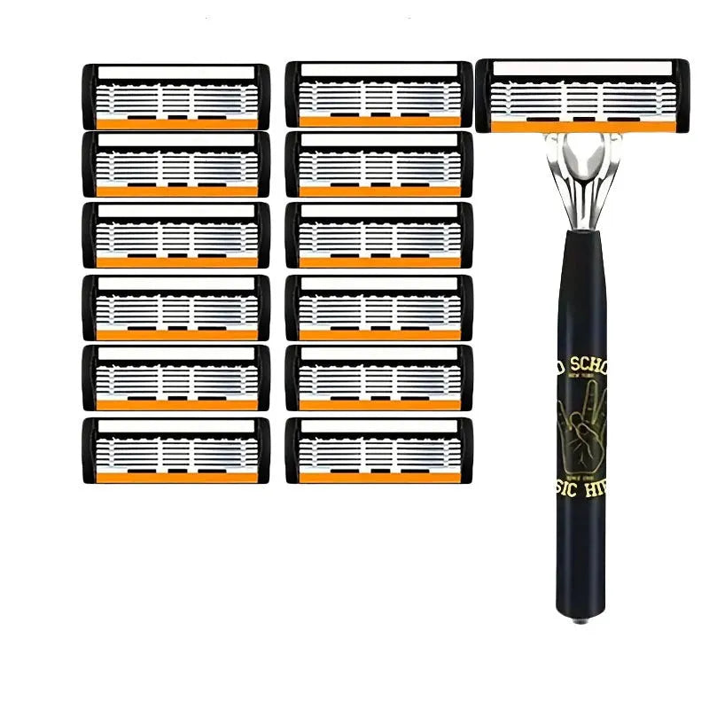 Black manual shaver cutter head with six-layer finger grip handle and multiple blade configurations.