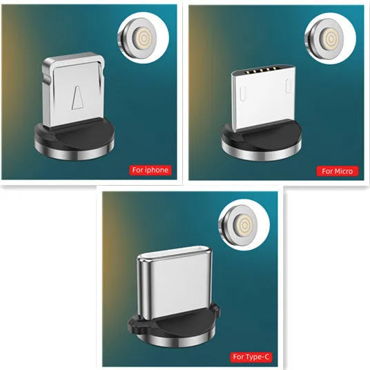 Magnetic charging cable with LED light indicator in various colours showing magnetic connection heads