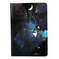 A5 spiral-bound notebook with a luminous holographic cover showing colour illustrations on the open pages.
