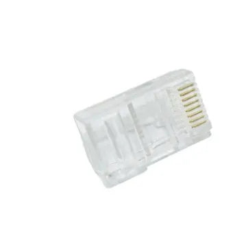 White RJ45 network modular plug with gold-plated three-fork contacts in bulk packaging