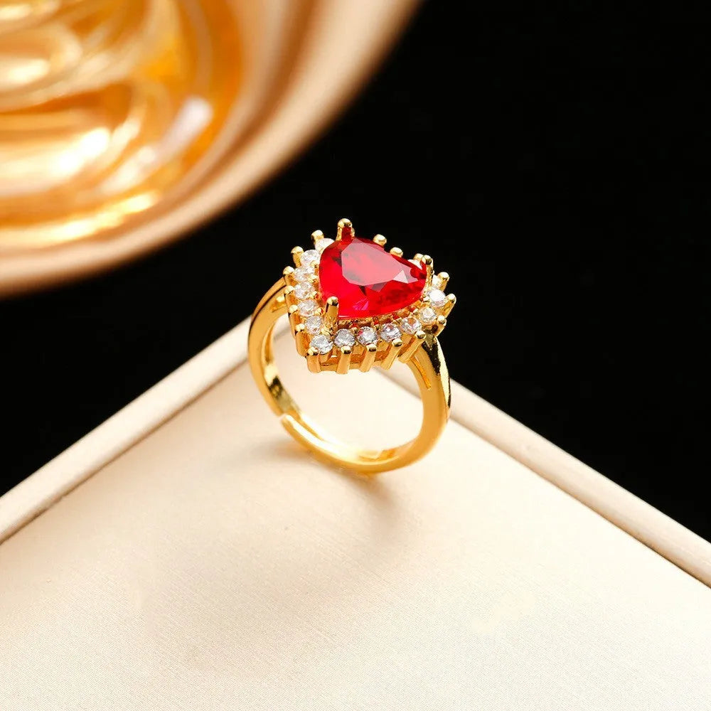 Gold red heart jewellery suit with mixed gem inlays on titanium steel necklace, earrings and ring