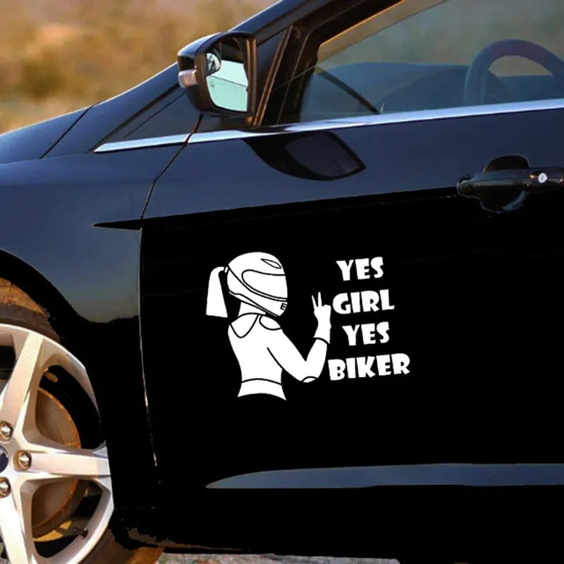 Cool girl rider character car waterproof sticker in black, white and laser colour options