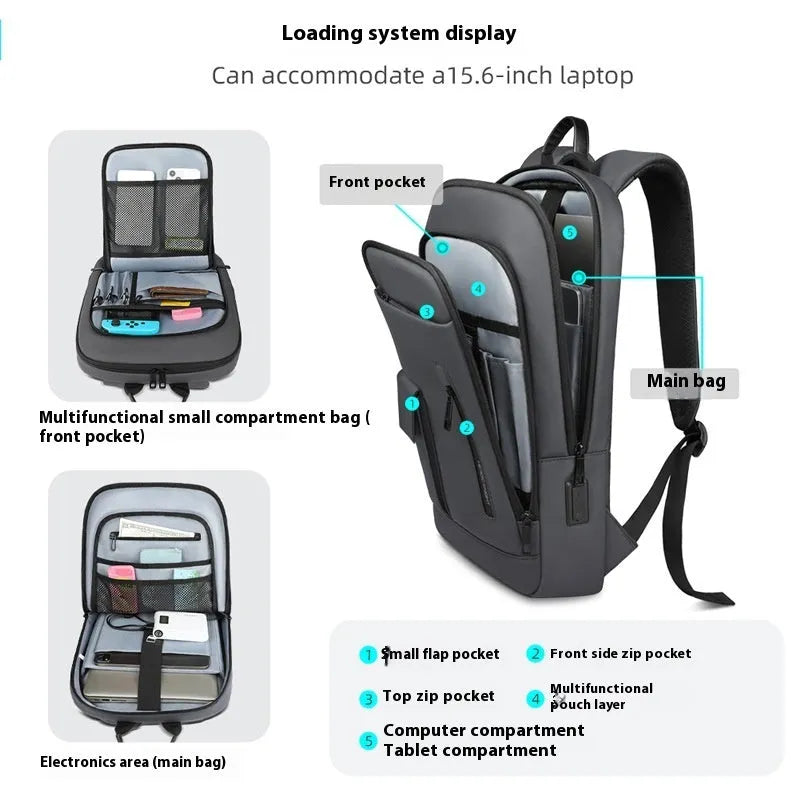Lightweight men's Oxford cloth backpack with sewing line design in dark gray, olive green, blue, and black colour options