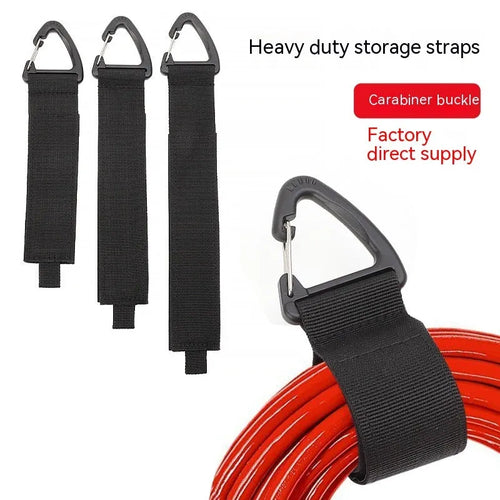 Black heavy-duty carabiner storage strap with climbing button, shown in three size variations for garage and workshop organisation.