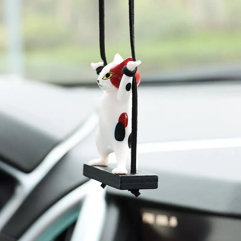 Resin cartoon cat car pendant decoration with adjustable rope in five colour variations