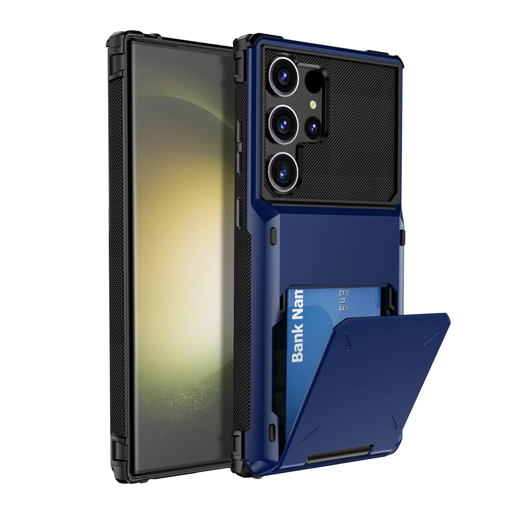 Frosted flip card phone case for Samsung with card slot and four-corner TPU PC drop protection, blue colour