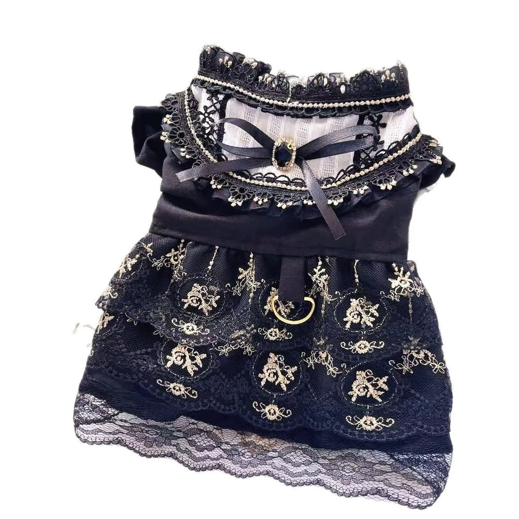 Golden gothic-style princess skirt pet clothing for cats or dogs on a mannequin
